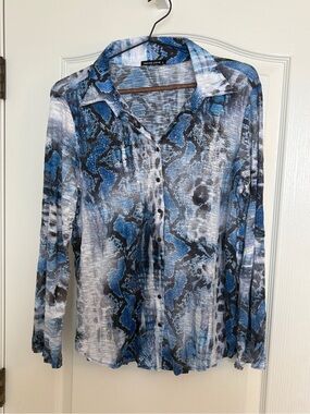 David Cline Cobra Snake Print Blouse Size L Blue Rhinestone Button Up Y2K Glitz
